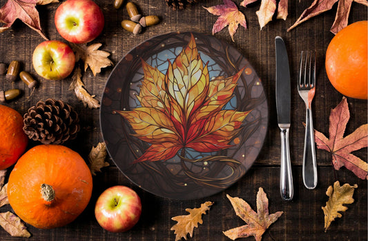 Orange and Gold Leaf Thermosaf Polymer Plastic Dinner Plates