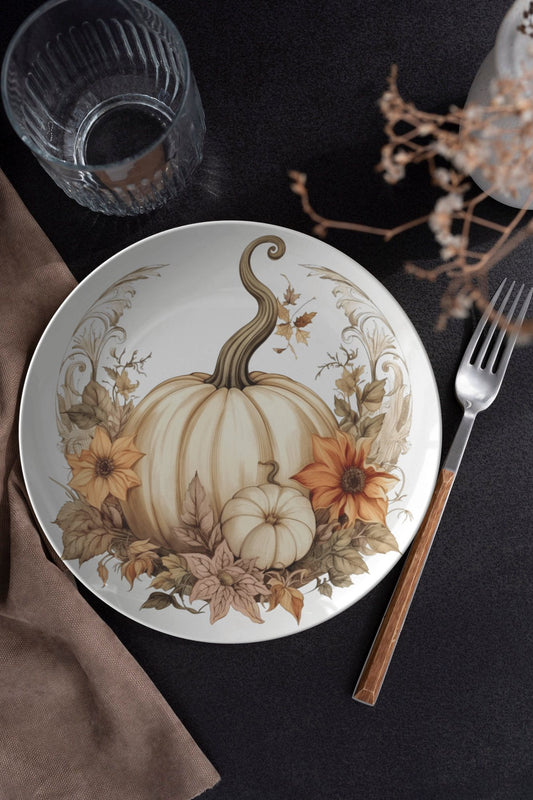 Thermosaf Polymer Plastic White Boho Pumpkin Plates Cottagecore Kitchen Decor