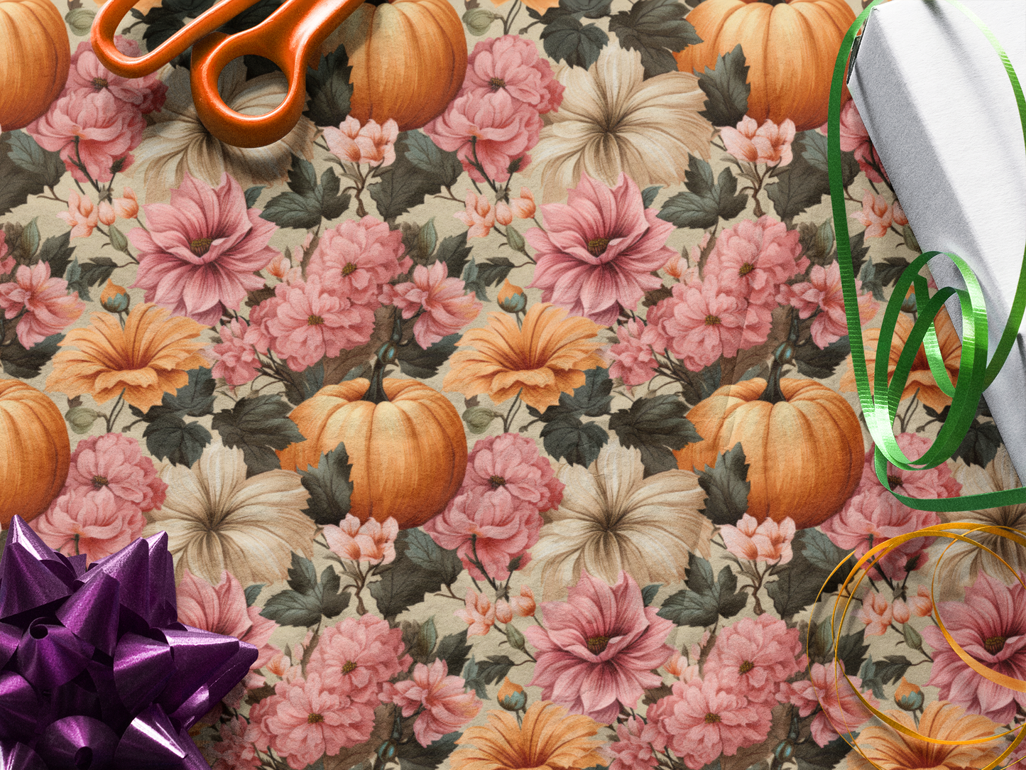 Fall Floral Wrapping Paper Roll Holiday Wrapping Paper Pumpkin Wrapping Paper 6 Foot Roll Gift Wrapping Paper Autumn Wrapping Paper